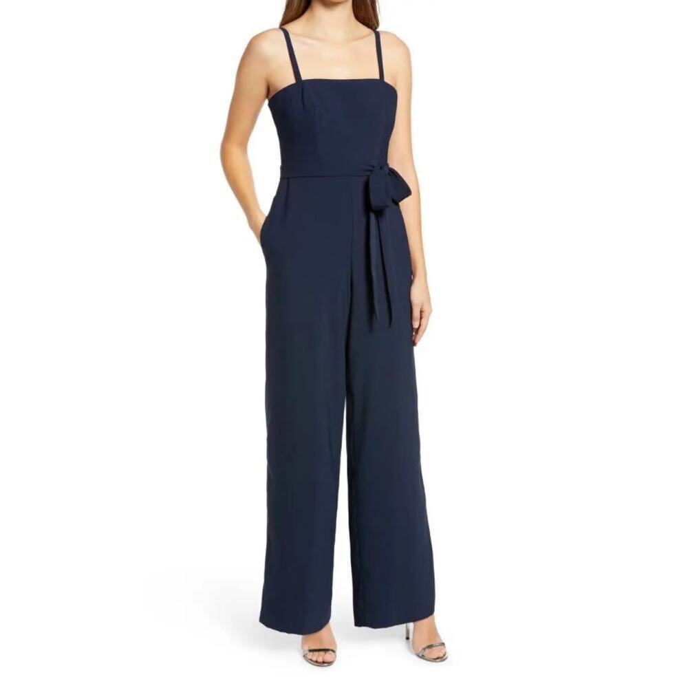 Dessy Collection Navy Black Tie Waist Alana Crepe Wide Leg Jumpsuit Size 18 NWOT
